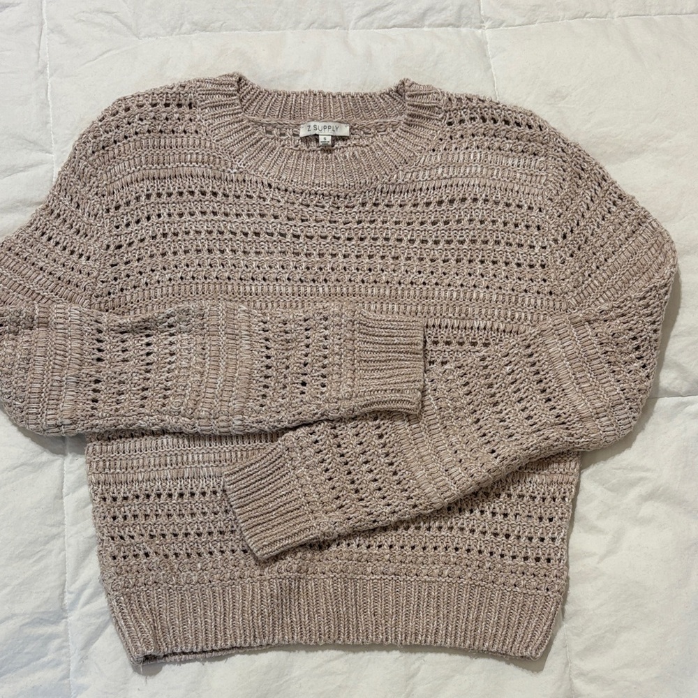 Z Supply Cotton Taupe Crochet Crewneck Sweater